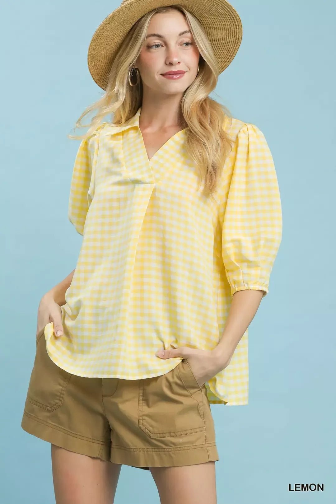 Umgee Gingham Puff Sleeve Collared Blouse - Bitsy Gypsy Boutique