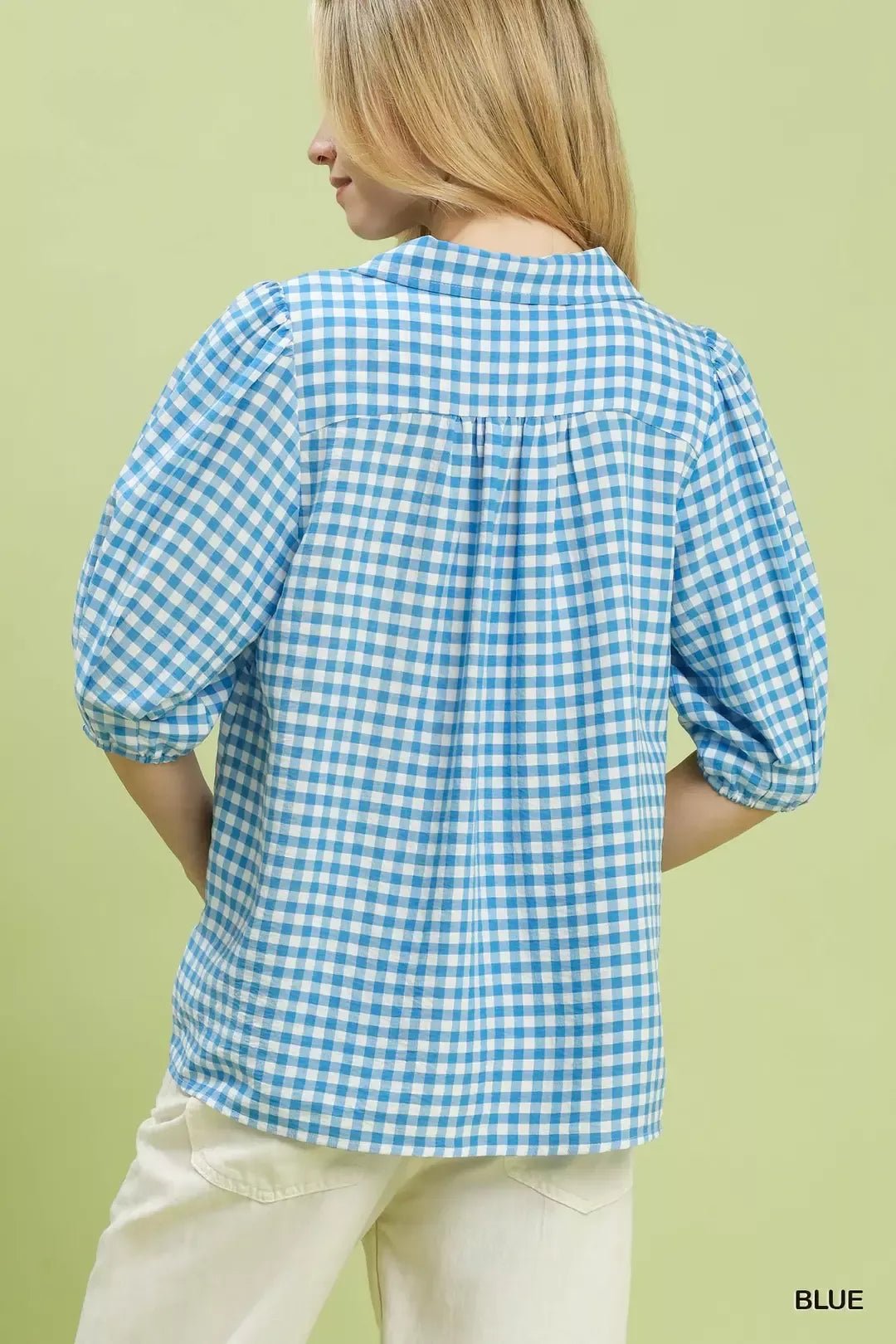 Umgee Gingham Puff Sleeve Collared Blouse - Bitsy Gypsy Boutique