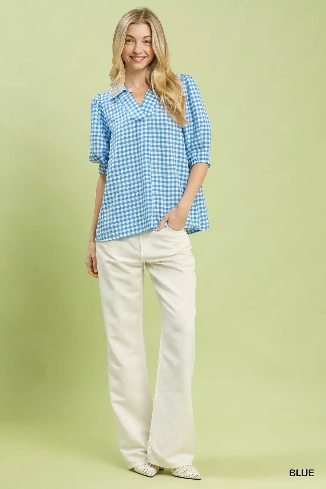 Umgee Gingham Puff Sleeve Collared Blouse - Bitsy Gypsy Boutique