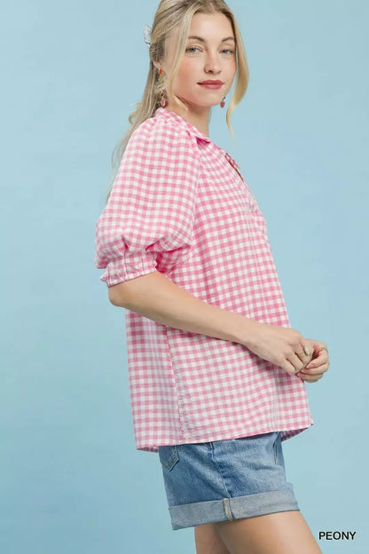 Umgee Gingham Puff Sleeve Collared Blouse - Bitsy Gypsy Boutique