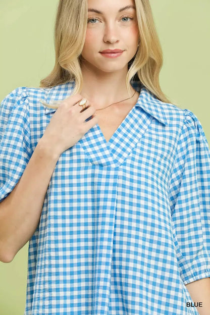 Umgee Gingham Puff Sleeve Collared Blouse - Bitsy Gypsy Boutique