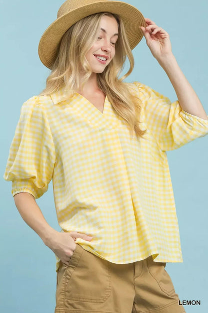 Umgee Gingham Puff Sleeve Collared Blouse - Bitsy Gypsy Boutique