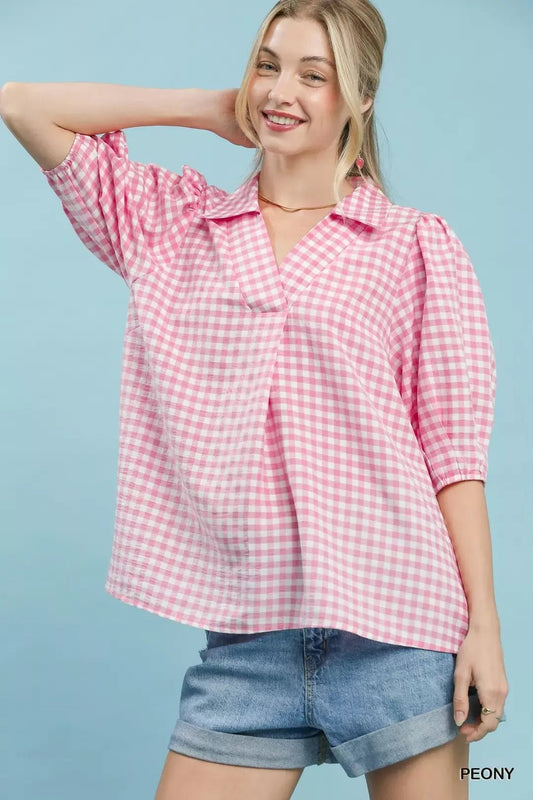 Umgee Gingham Puff Sleeve Collared Blouse - Bitsy Gypsy Boutique
