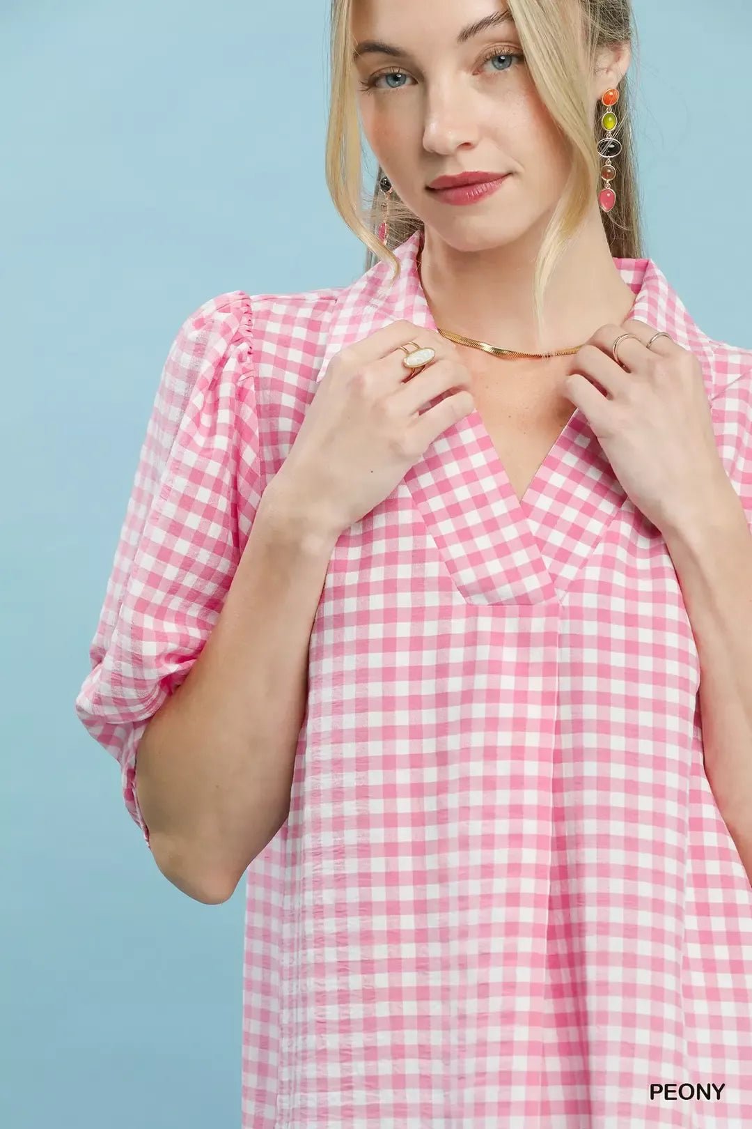 Umgee Gingham Puff Sleeve Collared Blouse - Bitsy Gypsy Boutique