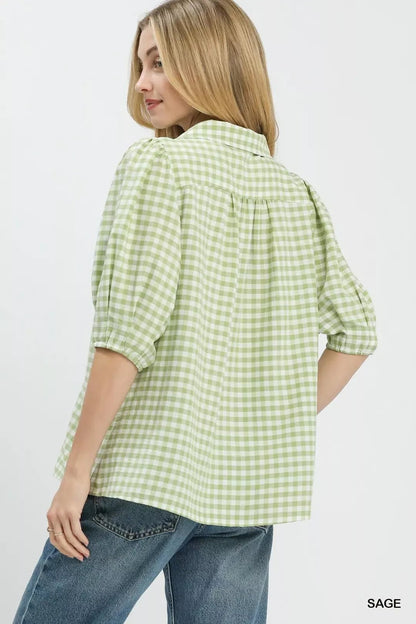 Umgee Gingham Puff Sleeve Collared Blouse - Bitsy Gypsy Boutique