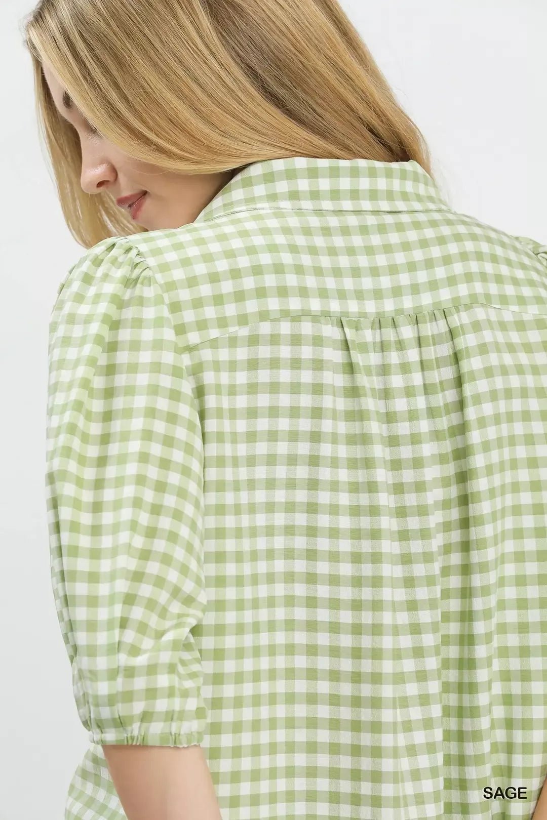 Umgee Gingham Puff Sleeve Collared Blouse - Bitsy Gypsy Boutique