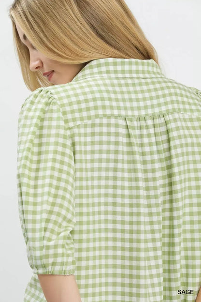 Umgee Gingham Puff Sleeve Collared Blouse - Bitsy Gypsy Boutique