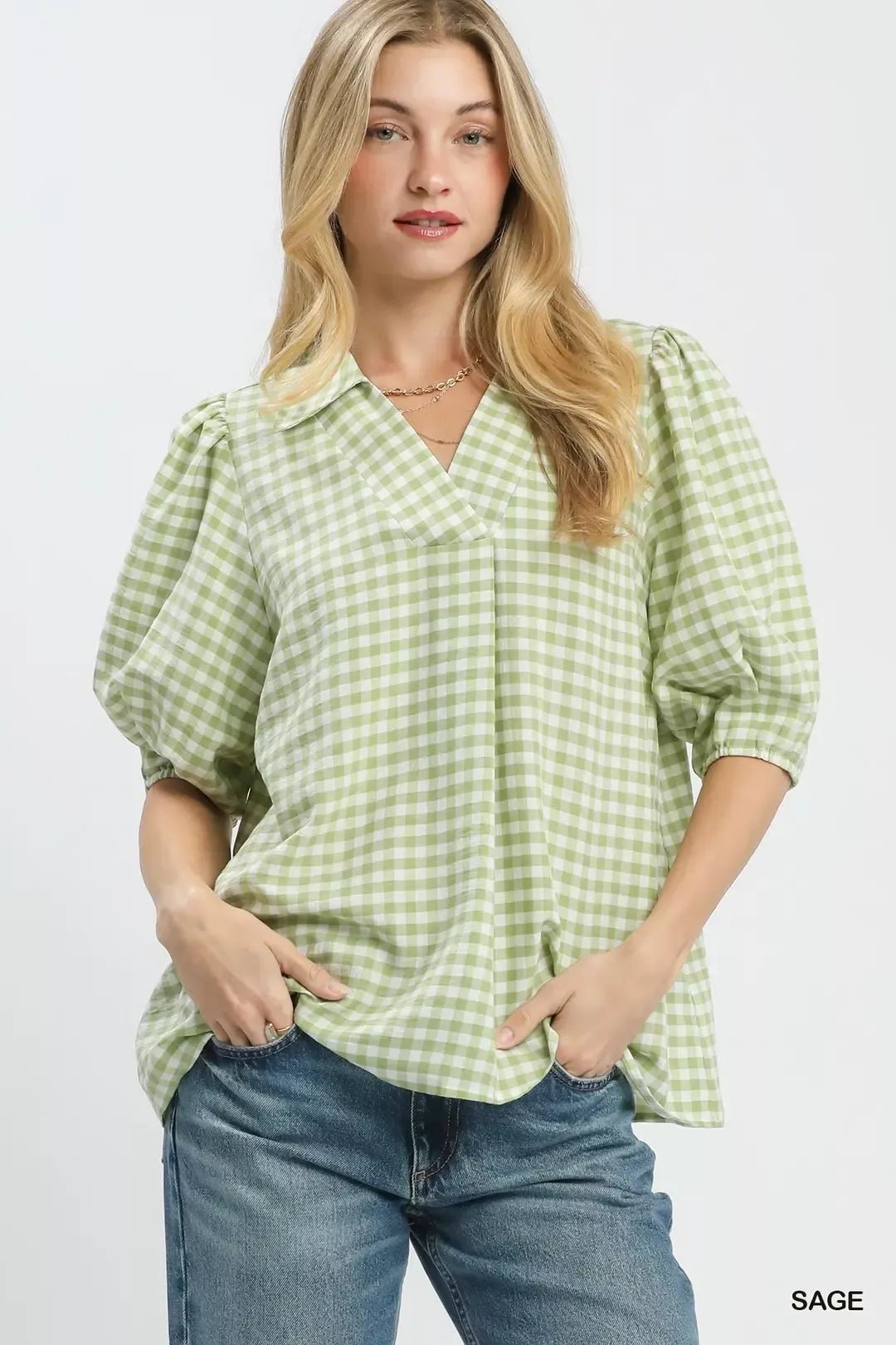 Umgee Gingham Puff Sleeve Collared Blouse - Bitsy Gypsy Boutique