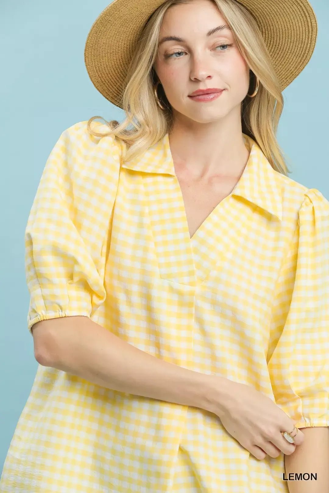 Umgee Gingham Puff Sleeve Collared Blouse - Bitsy Gypsy Boutique