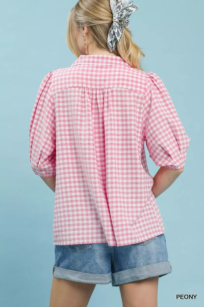 Umgee Gingham Puff Sleeve Collared Blouse - Bitsy Gypsy Boutique