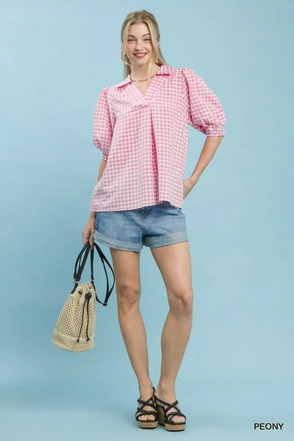 Umgee Gingham Puff Sleeve Collared Blouse - Bitsy Gypsy Boutique