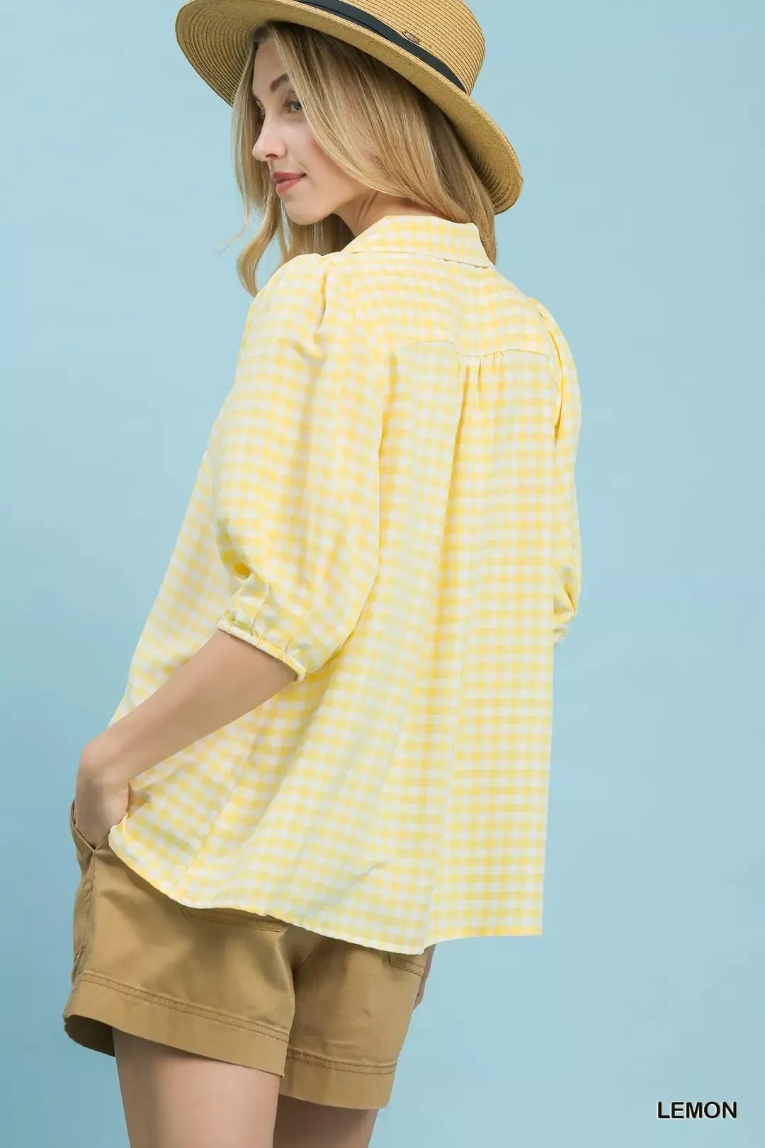 Umgee Gingham Puff Sleeve Collared Blouse - Bitsy Gypsy Boutique