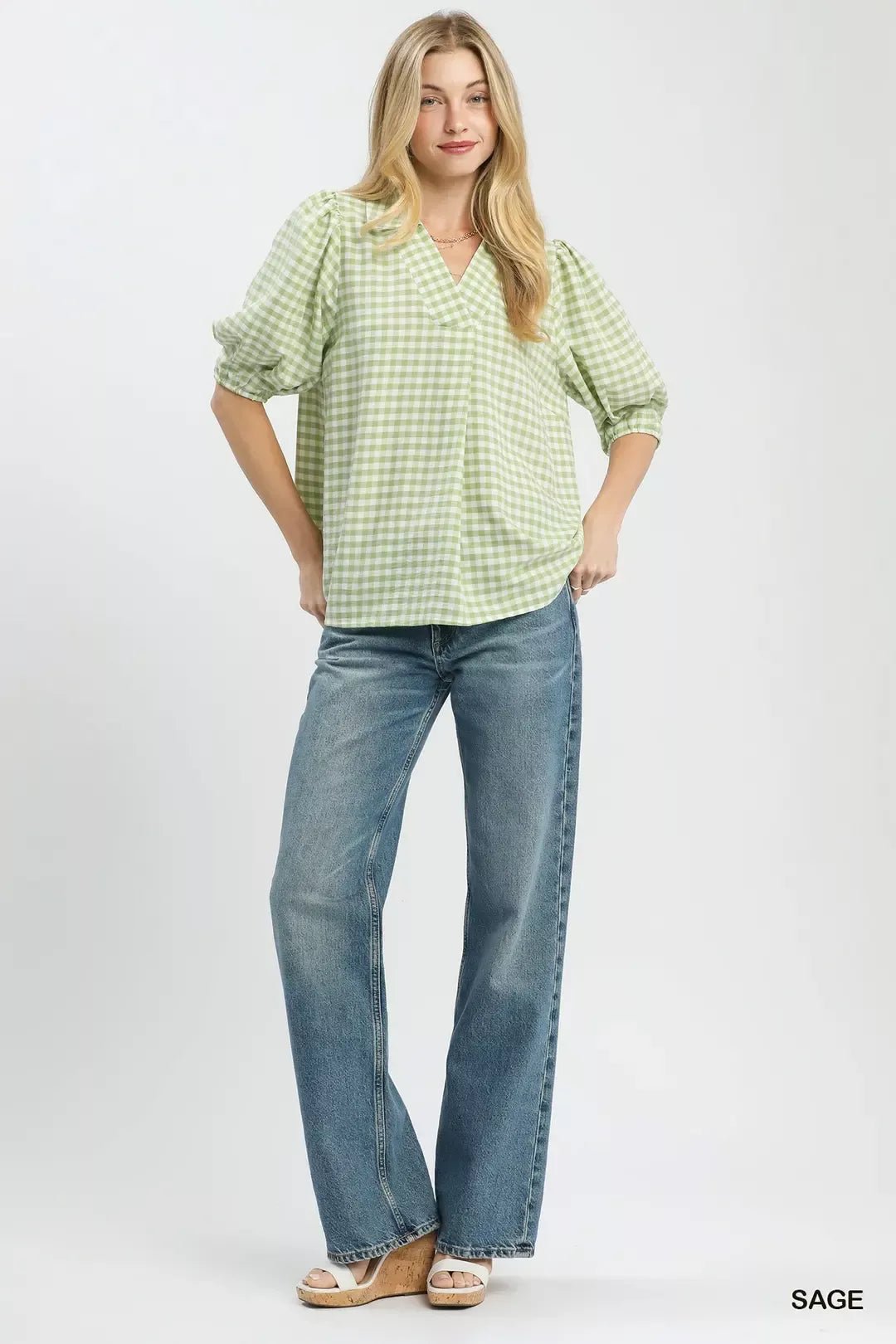 Umgee Gingham Puff Sleeve Collared Blouse - Bitsy Gypsy Boutique