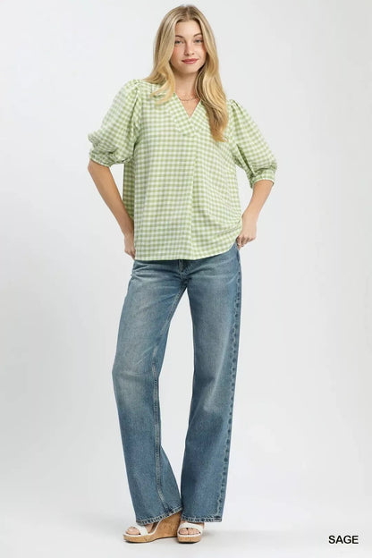Umgee Gingham Puff Sleeve Collared Blouse - Bitsy Gypsy Boutique