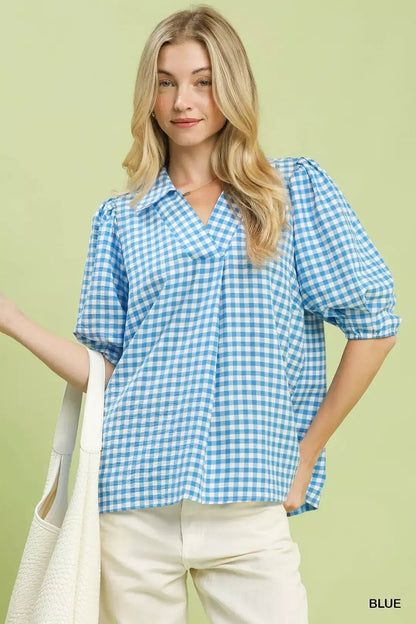Umgee Gingham Puff Sleeve Collared Blouse - Bitsy Gypsy Boutique