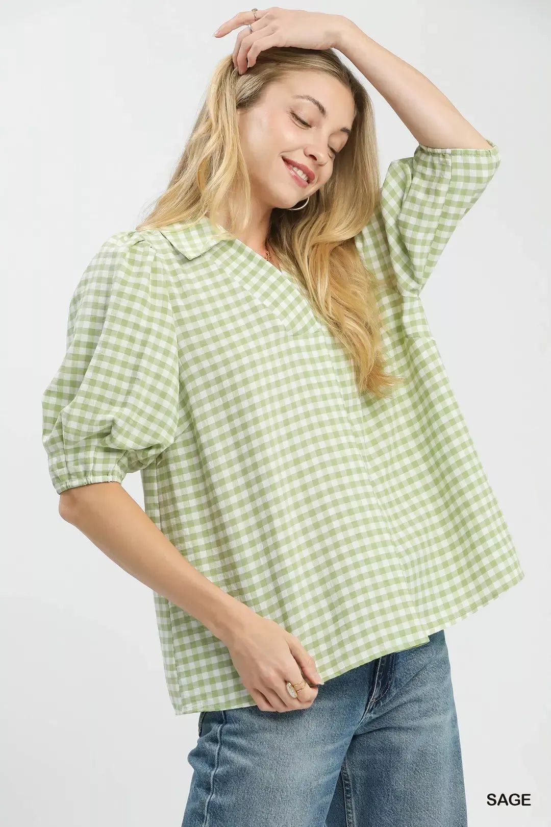Umgee Gingham Puff Sleeve Collared Blouse - Bitsy Gypsy Boutique