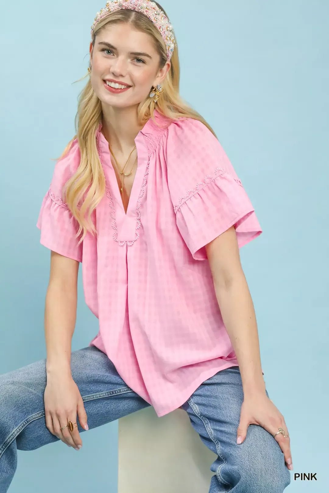 Umgee Gingham Puff Sleeve Top with Lace Trim - Bitsy Gypsy Boutique