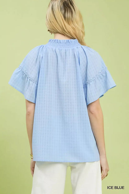 Umgee Gingham Puff Sleeve Top with Lace Trim - Bitsy Gypsy Boutique