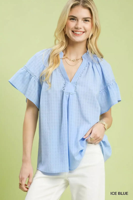 Umgee Gingham Puff Sleeve Top with Lace Trim - Bitsy Gypsy Boutique