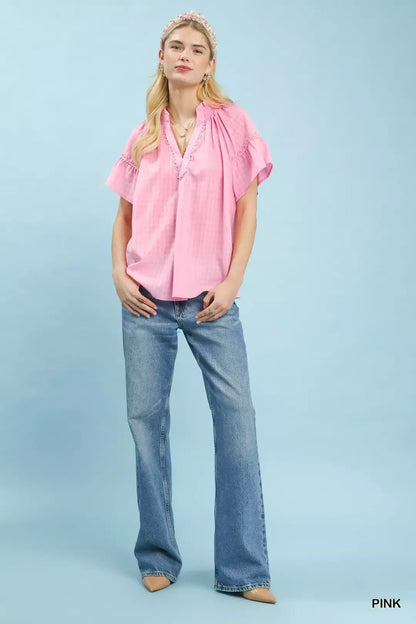 Umgee Gingham Puff Sleeve Top with Lace Trim - Bitsy Gypsy Boutique