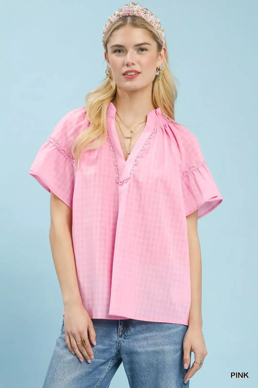 Umgee Gingham Puff Sleeve Top with Lace Trim - Bitsy Gypsy Boutique