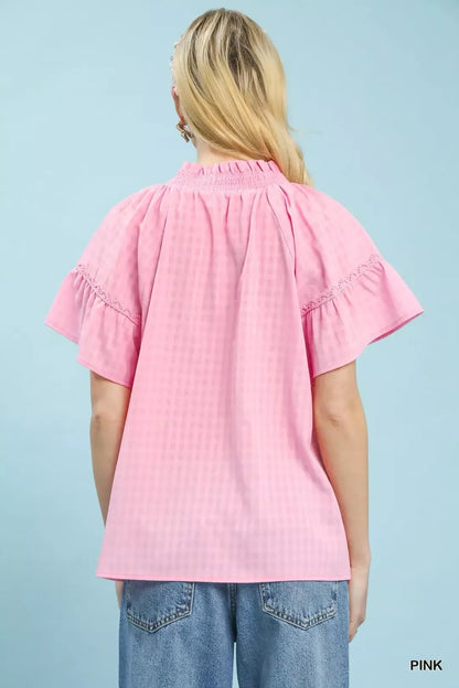Umgee Gingham Puff Sleeve Top with Lace Trim - Bitsy Gypsy Boutique