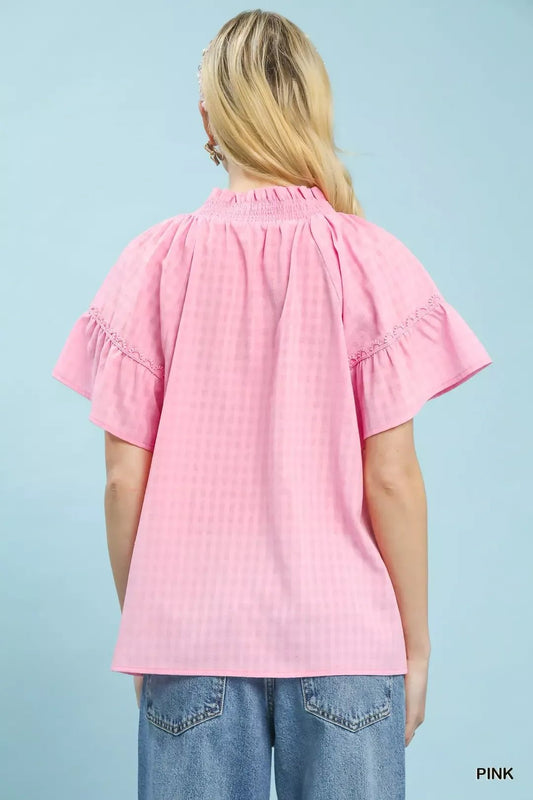 Umgee Gingham Puff Sleeve Top with Lace Trim - Bitsy Gypsy Boutique