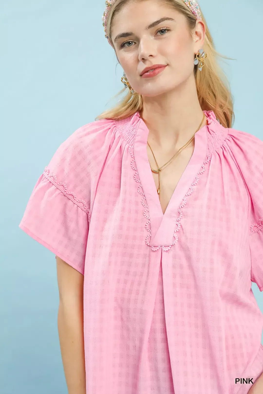 Umgee Gingham Puff Sleeve Top with Lace Trim - Bitsy Gypsy Boutique