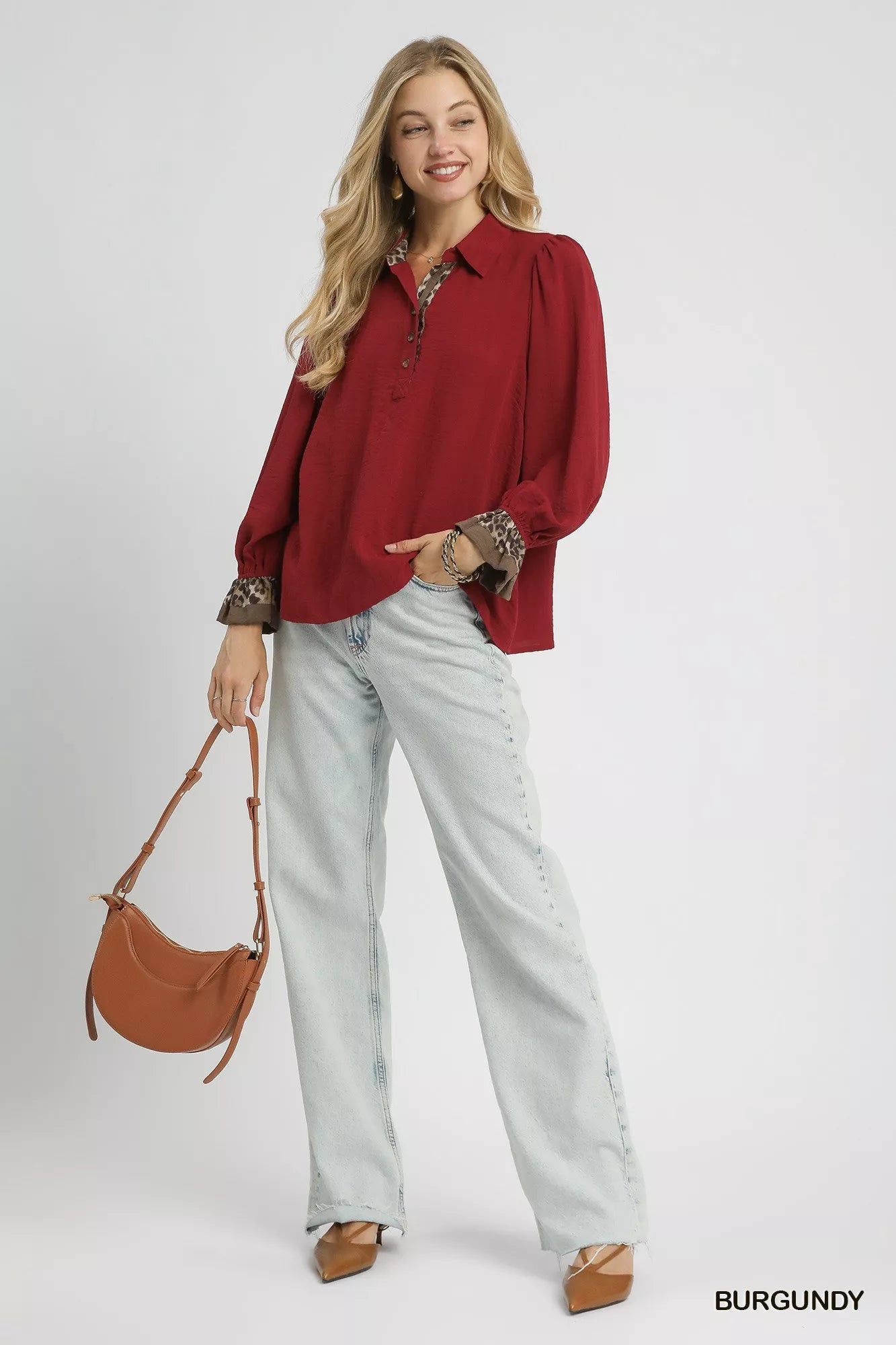 Umgee Half Button Blouse with Leopard Print Trim - Bitsy Gypsy Boutique