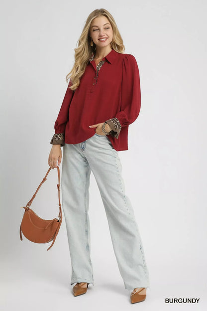Umgee Half Button Blouse with Leopard Print Trim - Bitsy Gypsy Boutique