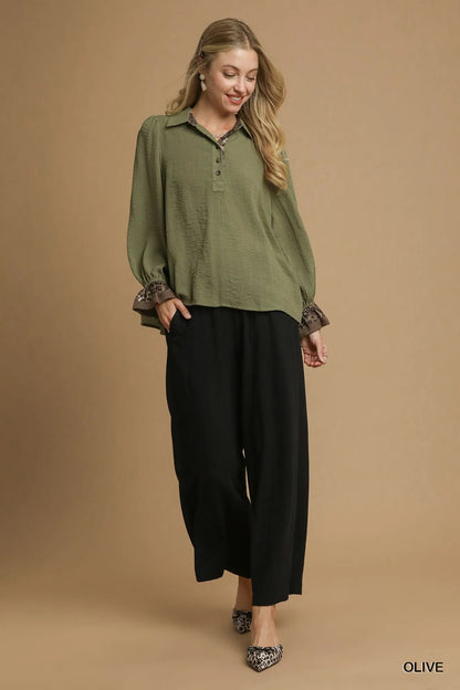Umgee Half Button Blouse with Leopard Print Trim - Bitsy Gypsy Boutique