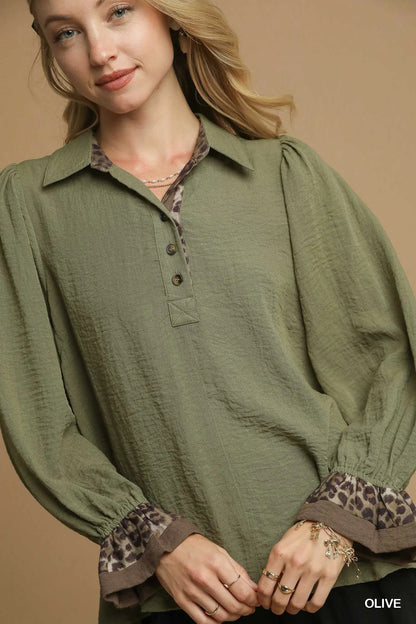 Umgee Half Button Blouse with Leopard Print Trim - Bitsy Gypsy Boutique