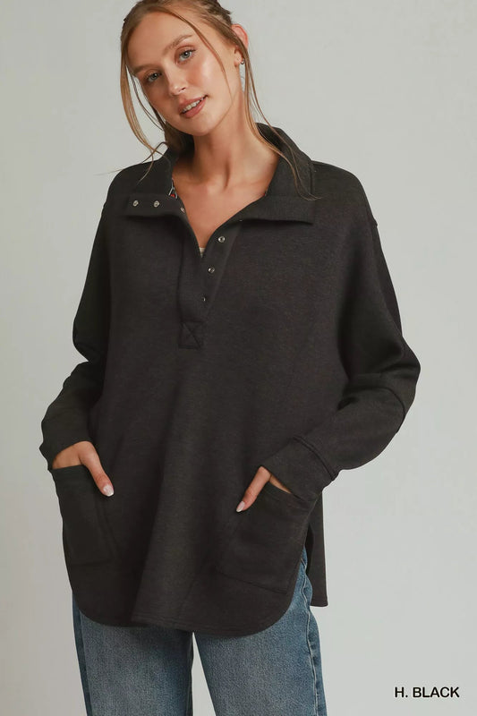 Umgee Half Placket Sweatshirt with Pockets - Bitsy Gypsy Boutique