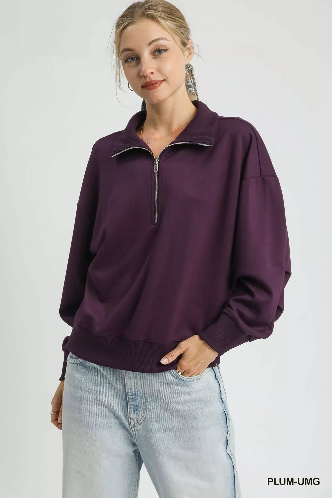 Umgee Half Zip Drop Shoulder Sweatshirt - Bitsy Gypsy Boutique