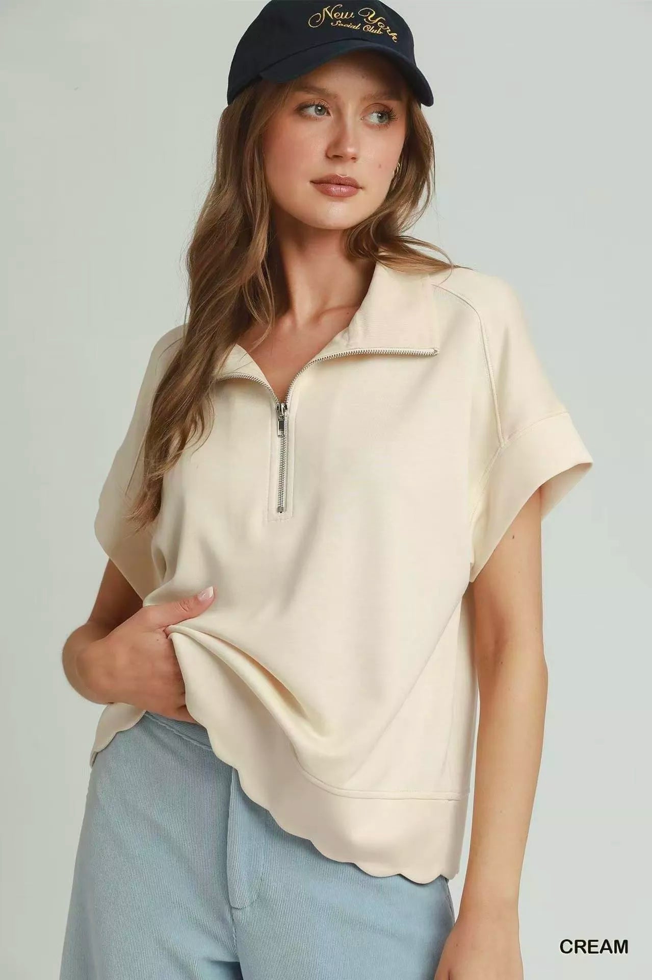 Umgee Half Zip Pullover with Scalloped Edge Hem - Bitsy Gypsy Boutique