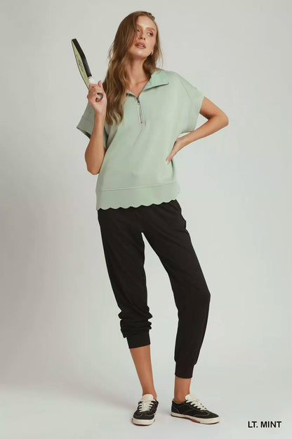 Umgee Half Zip Pullover with Scalloped Edge Hem - Bitsy Gypsy Boutique