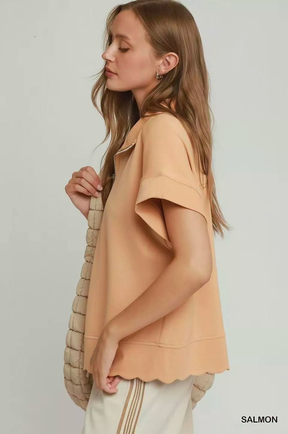 Umgee Half Zip Pullover with Scalloped Edge Hem - Bitsy Gypsy Boutique