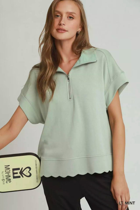Umgee Half Zip Pullover with Scalloped Edge Hem - Bitsy Gypsy Boutique