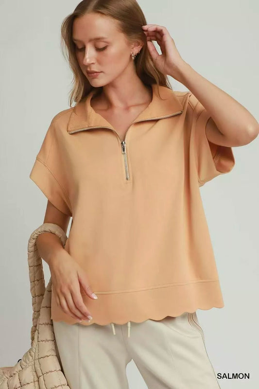 Umgee Half Zip Pullover with Scalloped Edge Hem - Bitsy Gypsy Boutique