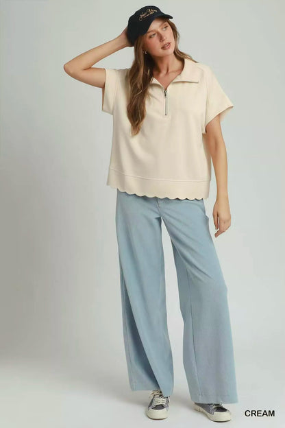 Umgee Half Zip Pullover with Scalloped Edge Hem - Bitsy Gypsy Boutique