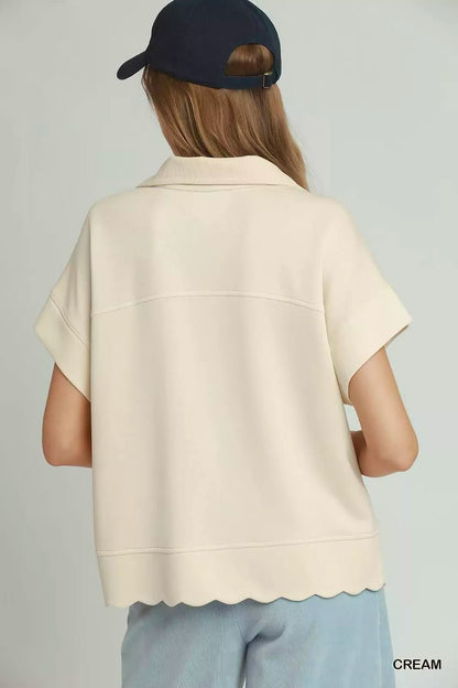 Umgee Half Zip Pullover with Scalloped Edge Hem - Bitsy Gypsy Boutique