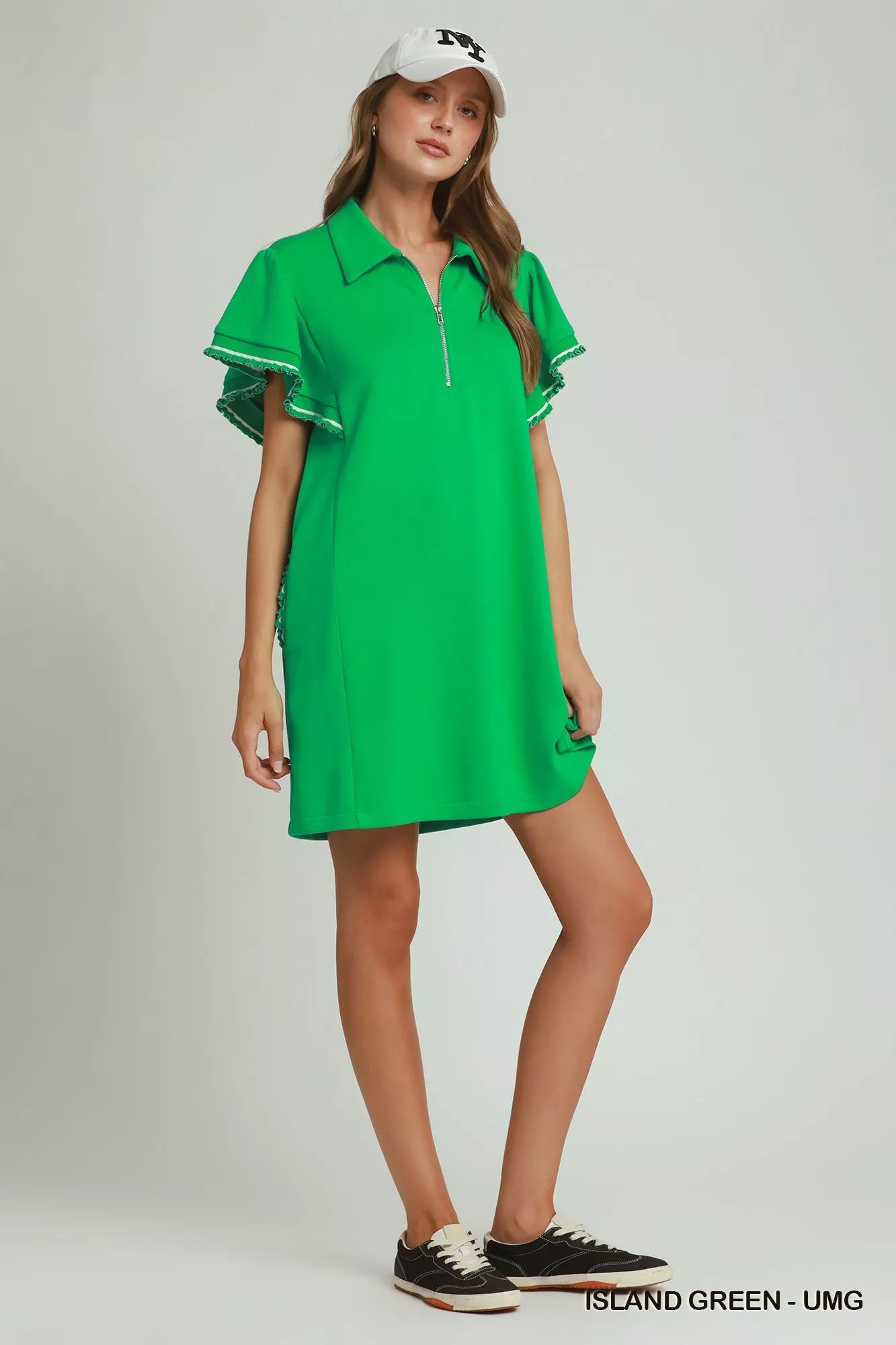 Umgee Half Zip Ruffle Rib Band Butterfy Sleeve Mini Dress with Pockets - Bitsy Gypsy Boutique
