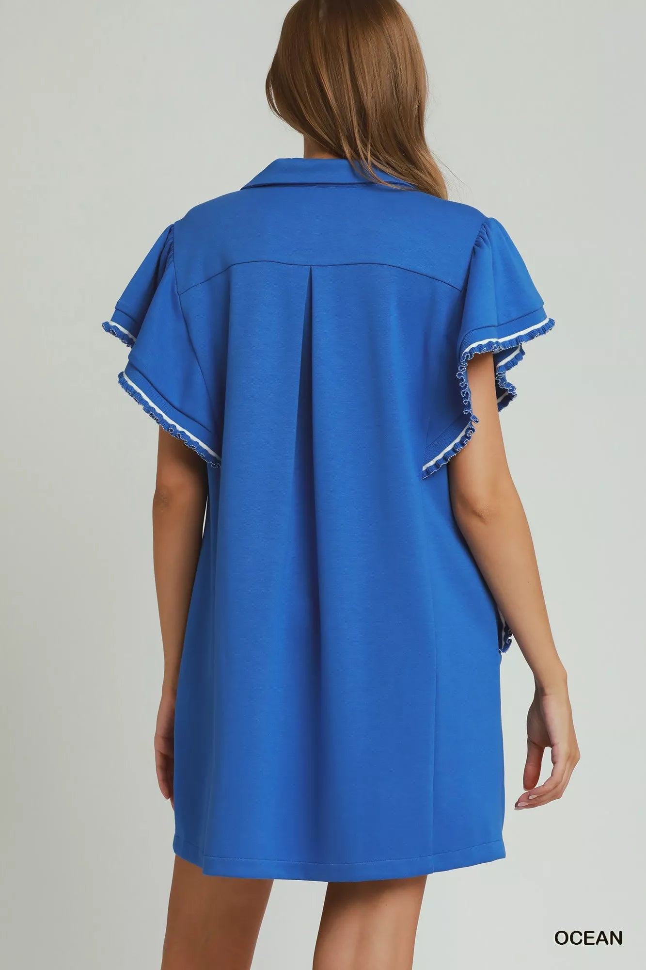 Umgee Half Zip Ruffle Rib Band Butterfy Sleeve Mini Dress with Pockets - Bitsy Gypsy Boutique