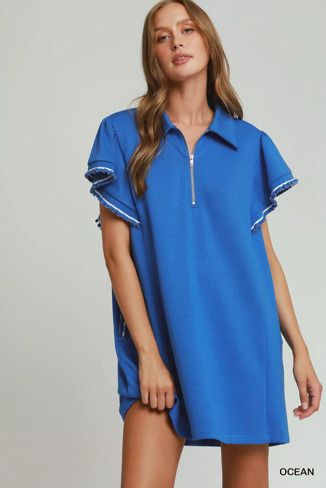 Umgee Half Zip Ruffle Rib Band Butterfy Sleeve Mini Dress with Pockets - Bitsy Gypsy Boutique