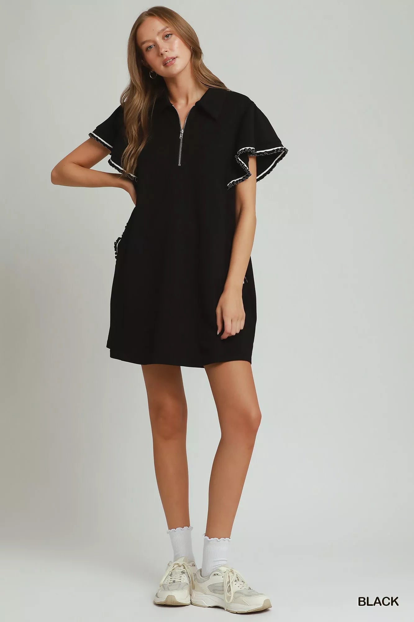Umgee Half Zip Ruffle Rib Band Butterfy Sleeve Mini Dress with Pockets - Bitsy Gypsy Boutique