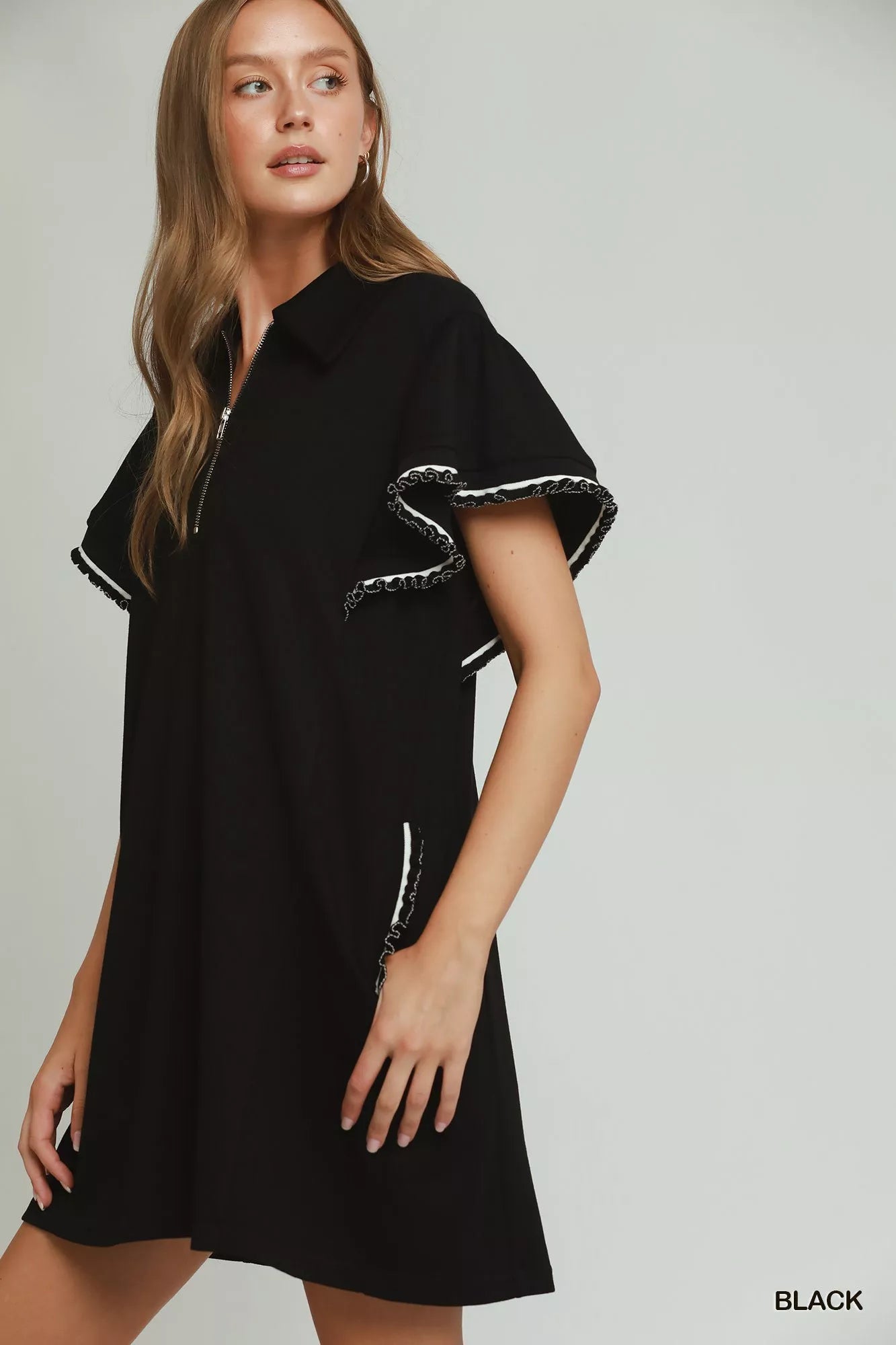 Umgee Half Zip Ruffle Rib Band Butterfy Sleeve Mini Dress with Pockets - Bitsy Gypsy Boutique