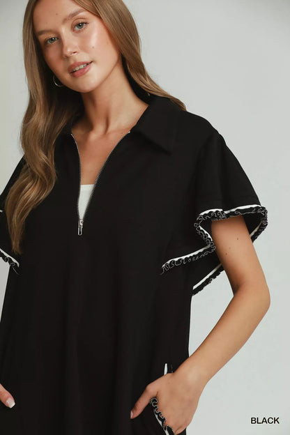 Umgee Half Zip Ruffle Rib Band Butterfy Sleeve Mini Dress with Pockets - Bitsy Gypsy Boutique