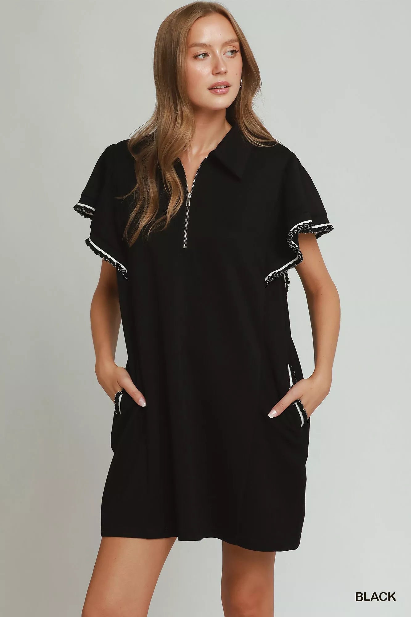 Umgee Half Zip Ruffle Rib Band Butterfy Sleeve Mini Dress with Pockets - Bitsy Gypsy Boutique