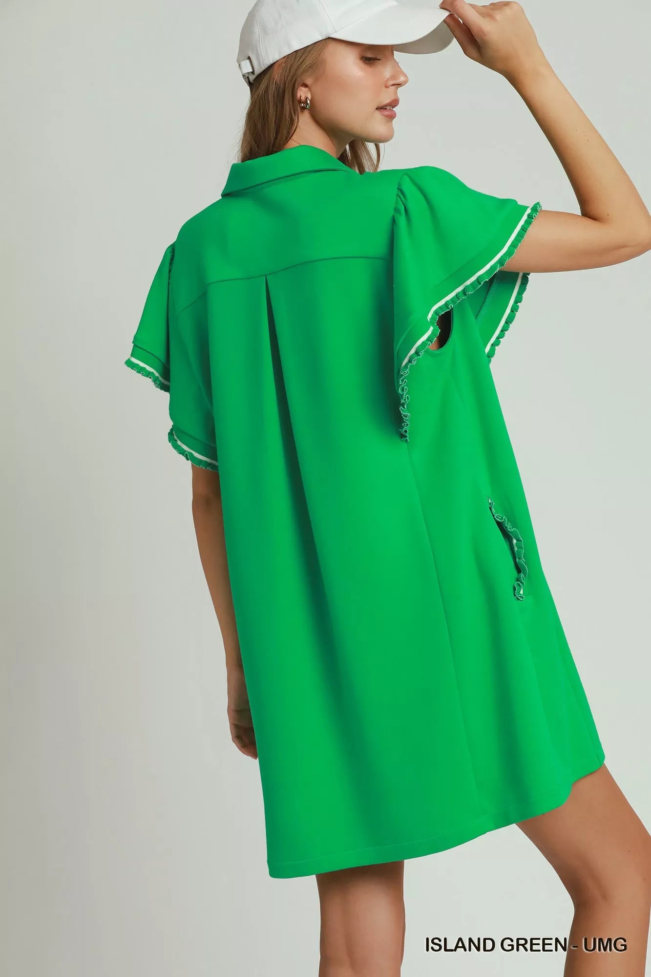 Umgee Half Zip Ruffle Rib Band Butterfy Sleeve Mini Dress with Pockets - Bitsy Gypsy Boutique