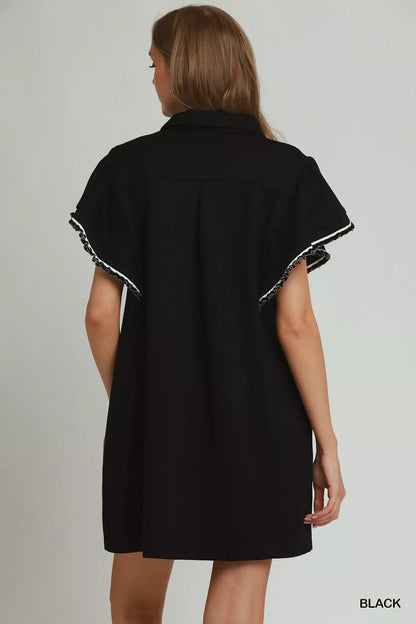 Umgee Half Zip Ruffle Rib Band Butterfy Sleeve Mini Dress with Pockets - Bitsy Gypsy Boutique